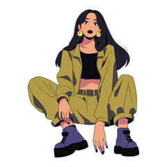 Vector illustration of cute Korean woman character in sport costume isolated on white background. Retro, y2k, cartoon, anime style. Design for poster, banner, t-shirt, fabric. Manga or webtoon graphic