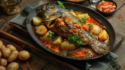 Spicy Asam padeh tilapia fish and potatoes on a wooden table