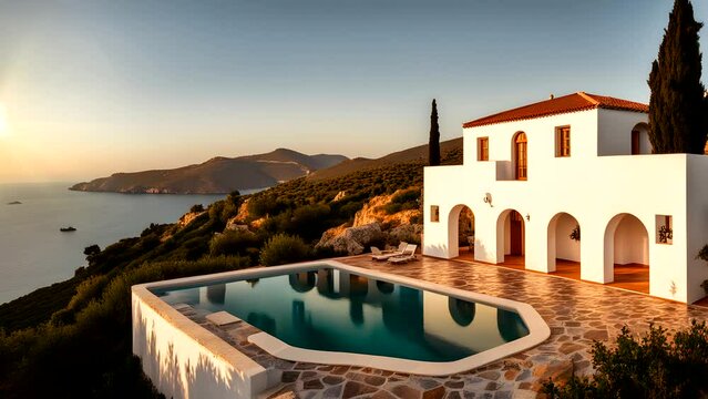 Summer island view with luxury villas complete with swimming pools, sundecks, at sunrise Seamless looping 4k time-lapse animation video background