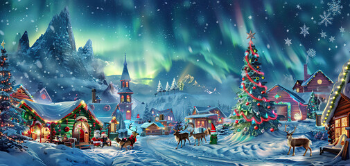 Obraz premium stunning outdoor Christmas tree with vibrant ornaments and lights, surrounded by lush greenery red poinsettia flowers, in a serene winter landscape under a colorful sky.