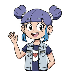 cute and playful anime girl vector art with violet pigtails, adorned with colorful bows, wearing a casual outfit with a hoodie and a heart-decorated denim vest