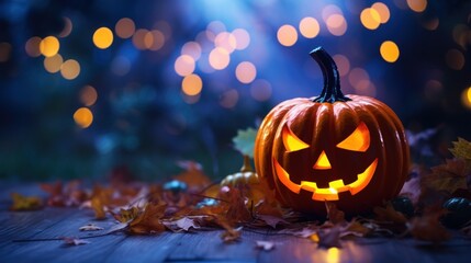 Fototapeta premium Halloween pumpkin and candles in spooky hallow decoration, purple light, spooky background with copy space.