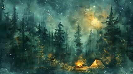 Fototapeta premium Serene Forest Campsite Under Starlit Skies in Enchanting Watercolor Landscape