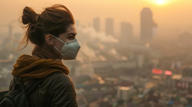 Young woman wearing respiratory mask protect and filter pm2.5. From the rooftop, the woman looks down at the cityscape covered in smog and smoke pollution, City air pollution concept. - Powered by Adobe