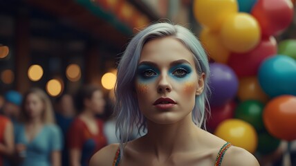 A white-haired woman draws blue eyes to participate in the LGBT Pride parade, illustration of the LGBTQ festival.