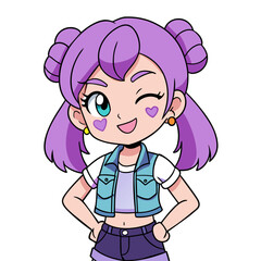 cute and playful anime girl vector art with violet pigtails, adorned with colorful bows, wearing a casual outfit with a hoodie and a heart-decorated denim vest