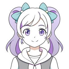 cute and playful anime girl vector art with violet pigtails, adorned with colorful bows, wearing a casual outfit with a hoodie and a heart-decorated denim vest