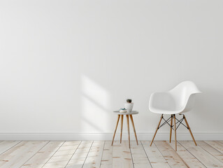 White wall interior room with wooden floor and modern chair