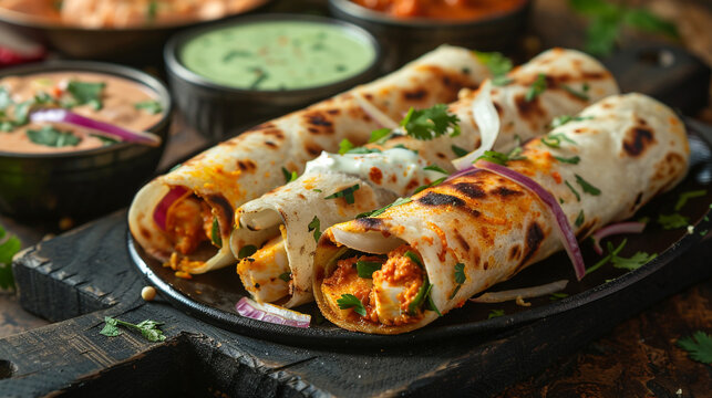 Kathi Rolls with sauce & mint chutney. Indian tradition foods.
