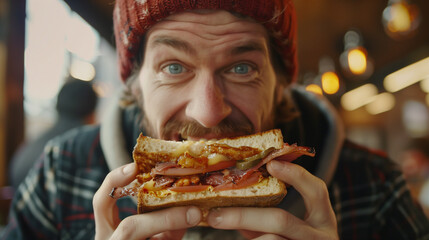 Funny photo of a man passionately enjoying a New York club sandwich, advertisement style