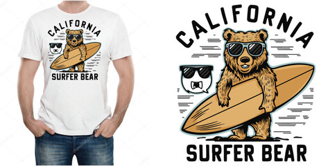 California surfer bear T shirt design vector .