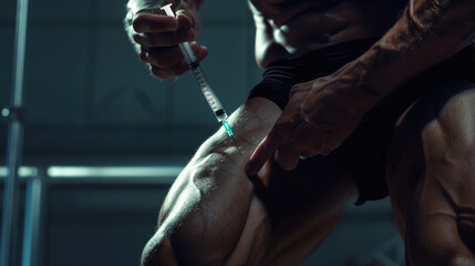 Doping. An athletic, pumped-up man inserts a syringe with doping into a muscle. The concept of single-mindedness and focus