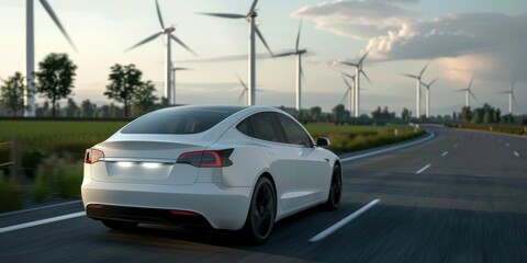 Fototapeta premium An electric car is seen on a picturesque highway with wind turbines in the backdrop, promoting sustainable transportation and renewable energy sources. The scene highlights ecofriendly practices