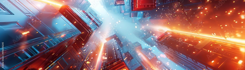Fototapete a digital artwork featuring a high-angle view of a tech environment with a futuristic setting, incor