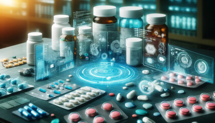 Futuristic Pharmaceutical Scene with Digital Data Overlays