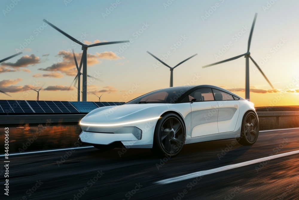 Aufkleber observe a futuristic electric car on a highway amidst wind turbines and solar panels at sunset, demo