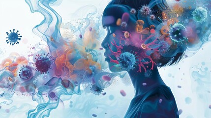 A digital illustration of a person surrounded by various airborne microorganisms, showcasing the importance of preventing pathogen transmission through air hygiene measures