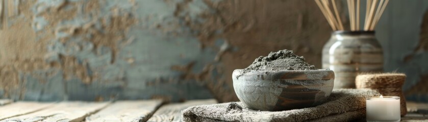 Obraz premium Rustic spa setting with natural clay mask, aromatherapy sticks, and towels on wooden surface against a textured wall background.