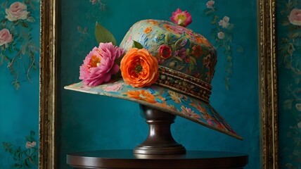 A vibrant and ornate hat displayed on a pedestal