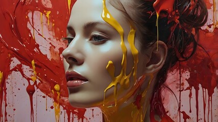 A deconstructed splashed realistic portrait of a woman. 