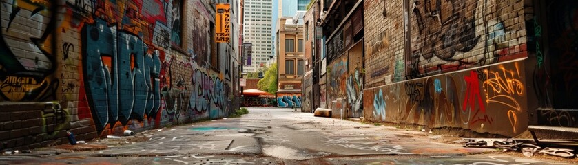 Obraz premium Urban alley with vibrant graffiti and street art, surrounded by towering buildings under a bright sky in the background.