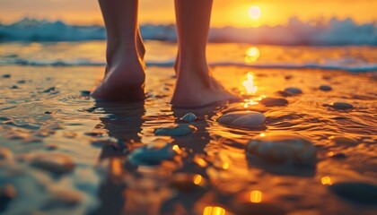 Barefoot at sunset with a scenic view of the ocean, reflection of orange hues in the wet sand and gentle waves crashing in the background.