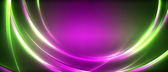 Neon glowing circle rays, light round lines in the dark, planet style neon wave lines. Energetic electric concept design for wallpaper, banner, background