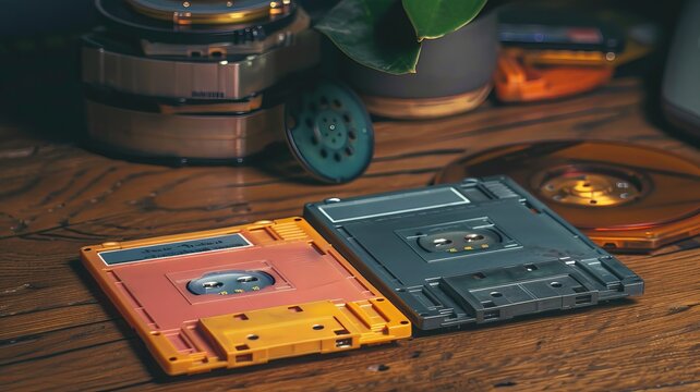 Vintage cassette tapes on a wooden table, showcasing retro technology and nostalgia. Perfect for nostalgia, technology, and vintage themes.