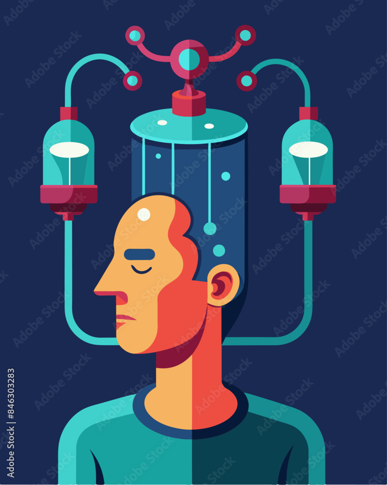 Poster tubes filled with a strange liquid s around a persons head connected to a large glowing device that 