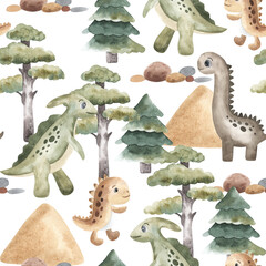 Dino trees seamless pattern. Watercolor green plants with dinosaurs. Perfect for baby shower,fabric ,nursery decorations,invitations,party, design. hand drawn. beige, brown
