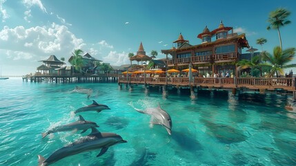 Obraz premium Bustling Pier Teeming with Tourists Cafes and Playful Dolphins in Idyllic Summer Seascape