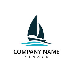 Sail Boat Ship and sea wave for Ocean Sailing Adventure Travel Trip Transportation logo