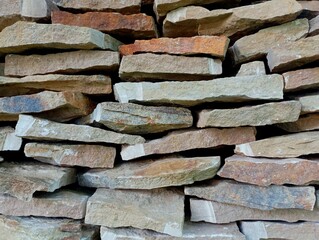 A pile of flat yellow sandstone stacked on top of each other. Natural stone texture. Natural materials for construction and surface decoration.