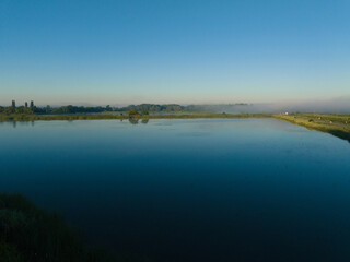 Aerial view of the dawn on the fishponds in Donji Miholjac, Croatia