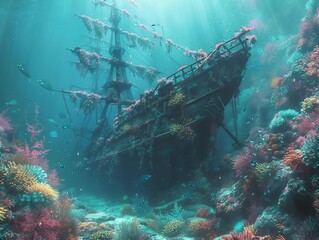 A fantastical underwater world teeming with bioluminescent creatures, coral reefs in rich hues, and a sunken treasure ship lurking in the depths, all against a backdrop of ethereal blue depths
