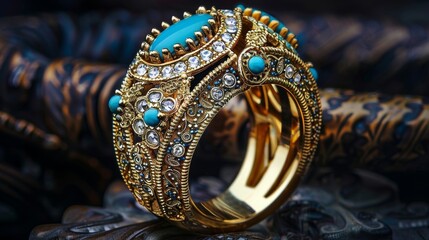 A bold gold and turquoise ring with a striking horseshoe design adorned with intricate filigree work and sparkling crystals.