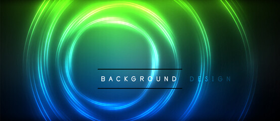 Neon glowing circle rays, light round lines in the dark, planet style neon wave lines. Energetic electric concept design for wallpaper, banner, background