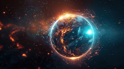 Fototapeta premium Digital global network connectivity with glowing nodes and earth representation