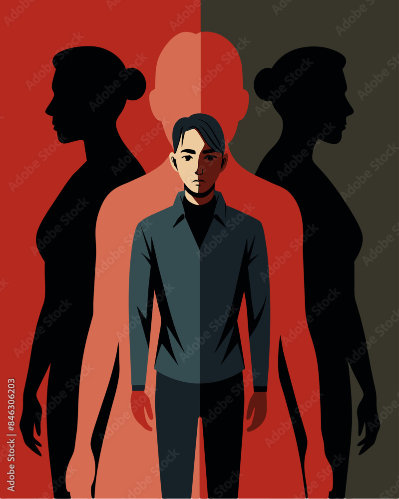 Poster the shadowy outline of a person is overshadowed by two distinct figures in opposing sides reflecting