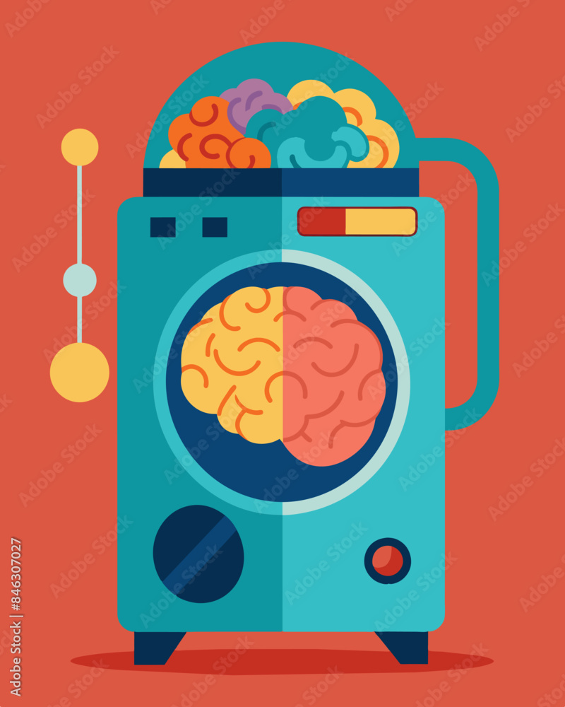 Poster the endless loop of conditioning and reprogramming depicted through a brainfilled washer.. vector il