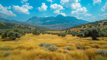 Serene Landscape of Wild Olive Groves with Majestic Mountains