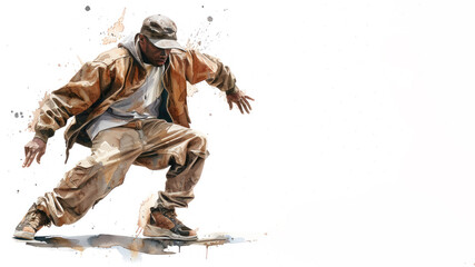 Brown watercolor painting of male break dancer performance balanced action