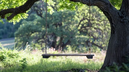 A weathered wooden swing hanging from a large oak tree bringing back memories of childhood playtime and carefree days
