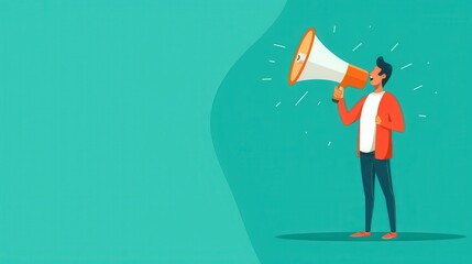 Illustration of a man in a red jacket holding a megaphone, making an announcement, standing against a teal background.
