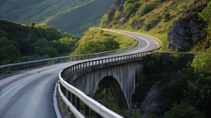 Looking down from the bridge the winding road seems to disappear into the distance beckoning with endless possibilities. . AI generation.