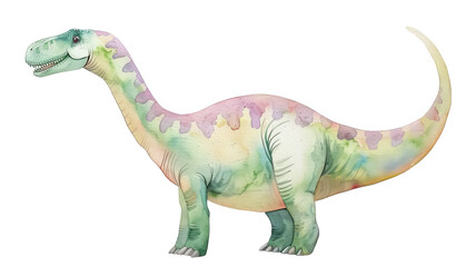 Naklejka premium Watercolor illustration of a colorful dinosaur with a long neck and tail, perfect for educational or decorative purposes.