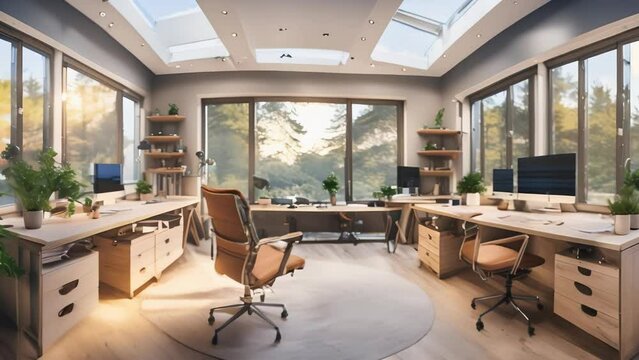 Modern home office featuring a spacious wooden desk and ergonomic chair, set against large windows that allow ample natural light. 