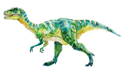 Obraz premium Colorful watercolor painting of a dinosaur in motion, showcasing artistic details and vibrant hues in a prehistoric theme.