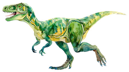 Obraz premium Colorful watercolor illustration of a dinosaur on a white background, showcasing prehistoric art and vibrant detail.