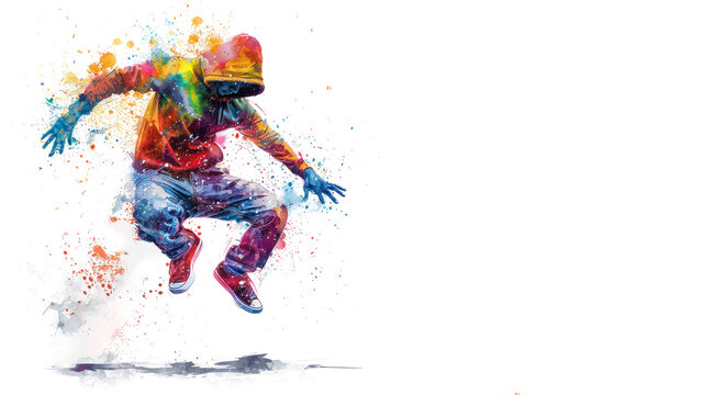 Colorful watercolor painting of male break dancer performance balanced action